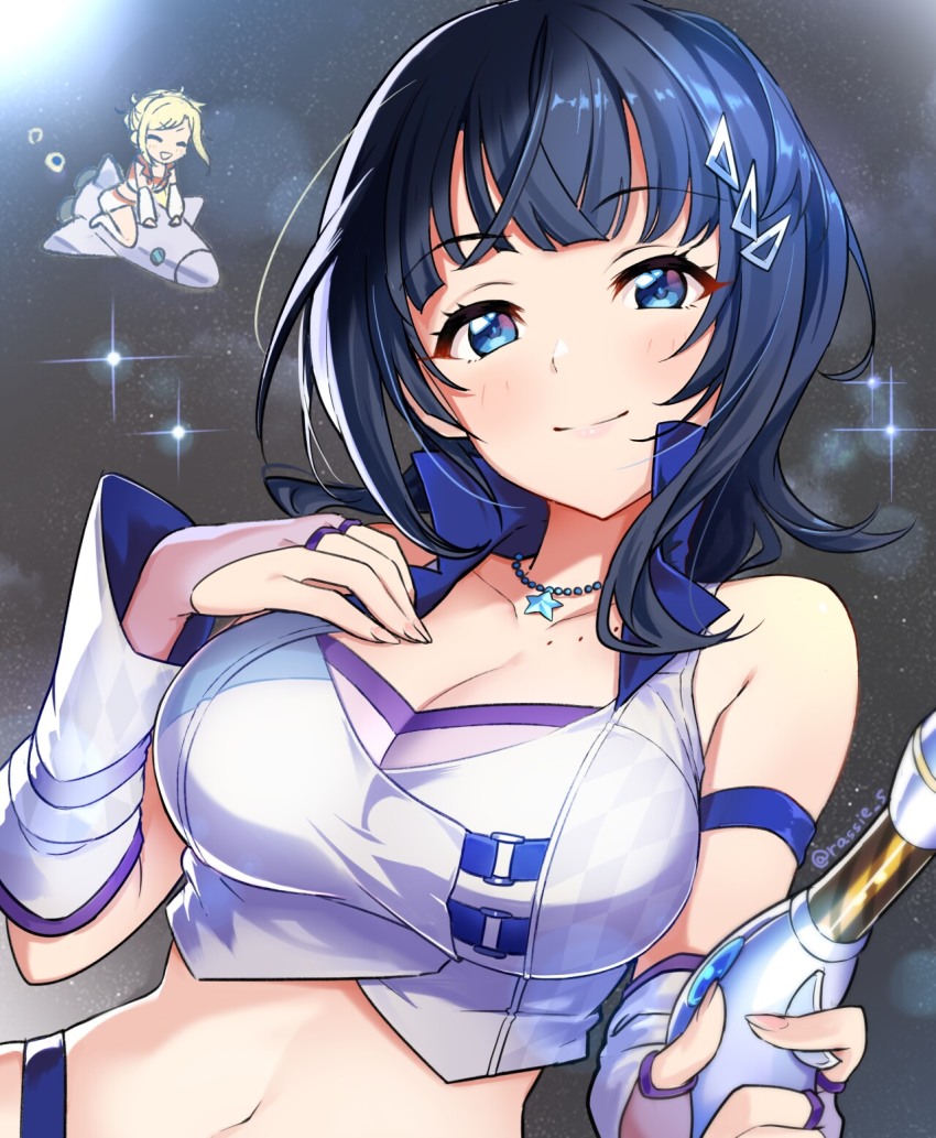 2girls ^_^ asaka_karin black_hair blonde_hair blue_eyes blue_hair breast_hold breasts cleavage closed_eyes collarbone collared_shirt crop_top detached_sleeves diverdiva energy_gun fingerless_gloves gloves hair_ornament hairclip hand_on_own_hip highres holding holding_weapon jewelry large_breasts looking_at_viewer love_live! love_live!_nijigasaki_high_school_idol_club love_live!_school_idol_project midriff miyashita_ai mole mole_on_collarbone multiple_girls navel necklace purple_gloves rassie_s ray_gun riding rocket shirt short_hair smile star_(sky) star_(symbol) star_necklace super_nova_(love_live!) triangle_hair_ornament twitter_username upper_body weapon