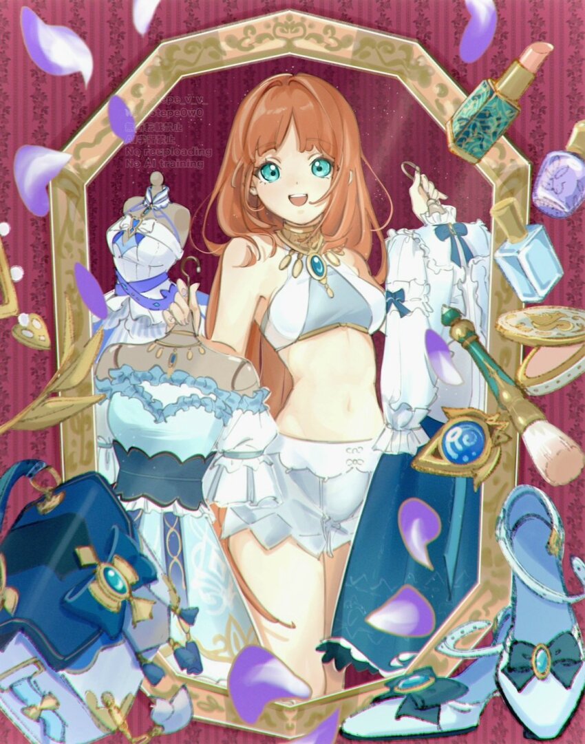 1girl 6tepe_v_v :d aqua_eyes blue_gemstone commentary_request cosmetics crop_top dress gem genshin_impact high_heels highres holding holding_unworn_clothes hydro_symbol_(genshin_impact) lipstick_tube long_hair long_sleeves makeup_brush nail_polish_bottle navel nilou_(breeze_of_sabaa)_(genshin_impact) nilou_(genshin_impact) nilou_(gigo)_(genshin_impact) nilou_(samsung)_(genshin_impact) open_mouth red_background red_hair shoes short_sleeves sleeveless sleeveless_dress smile solo standing stomach teeth unworn_shoes upper_teeth_only very_long_hair vision_(genshin_impact) white_dress
