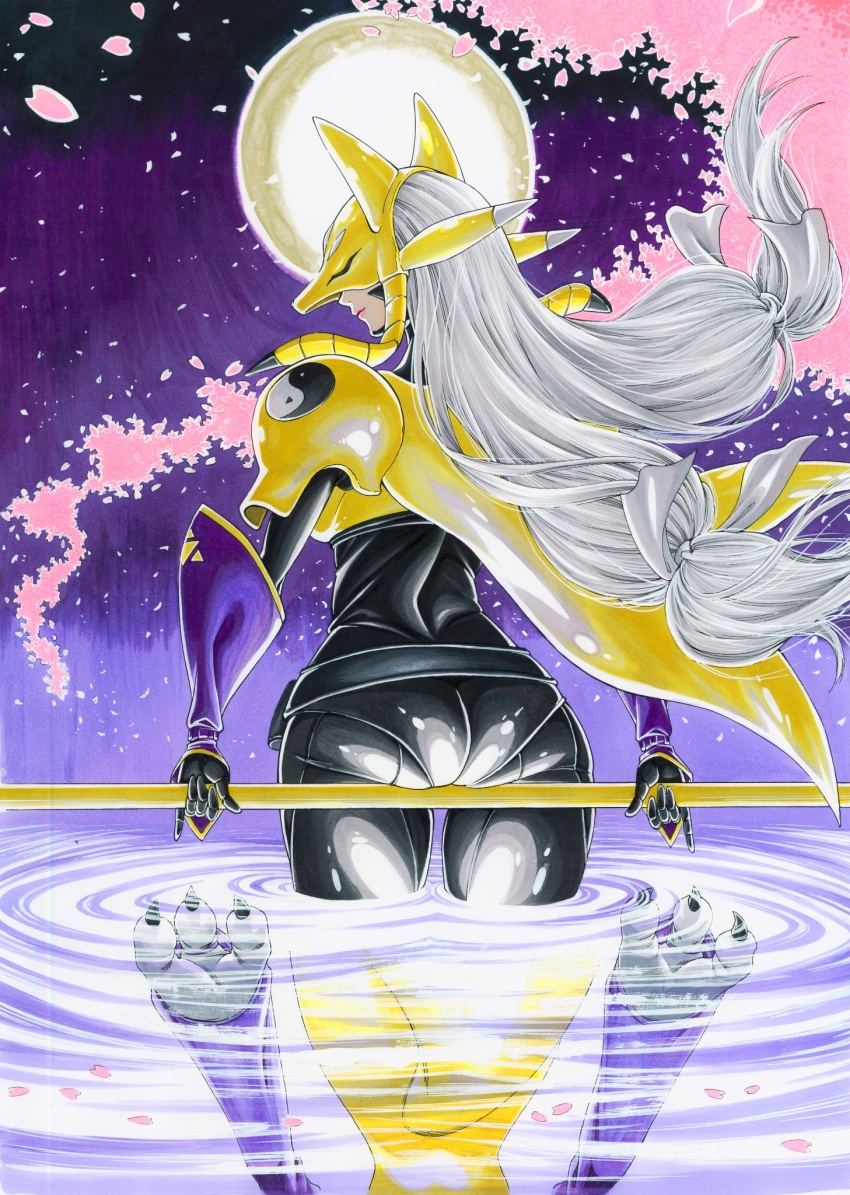 1girl ass black_bodysuit bodysuit cherry_blossoms different_reflection digimon digimon_(creature) digimon_tamers fox_mask from_behind full_body highres holding holding_staff long_hair mask miura_satoru petals reflection renamon sakuyamon solo staff