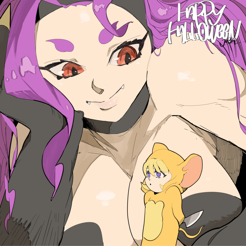 2girls animal_costume animal_ears b.b._hood bare_shoulders blonde_hair blue_eyes breasts cat_ears cosplay crossover darkstalkers fangs felicia_(darkstalkers) highres jerry_(tom_and_jerry) jerry_(tom_and_jerry)_(cosplay) jinbei knife large_breasts mouse_costume multiple_girls purple_hair size_difference tom_and_jerry
