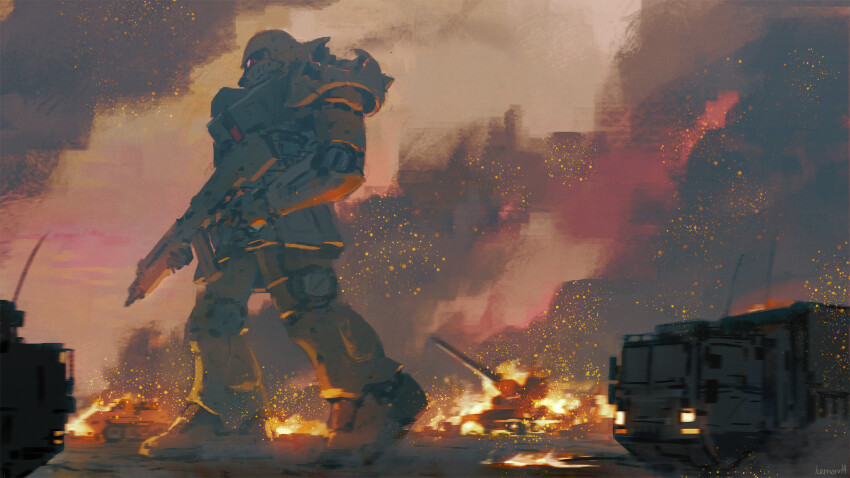 absurdres armored_personnel_carrier armored_vehicle artist_name commentary damaged embers english_commentary fire from_side gun gundam gundam_0080 highres holding holding_gun holding_weapon icemarv14 mecha mecha_focus military_vehicle mobile_suit motor_vehicle no_humans one-eyed outdoors overcast pink_eyes radio_antenna robot science_fiction sky smoke tank truck walking weapon wreckage zaku_ii_fz_kai