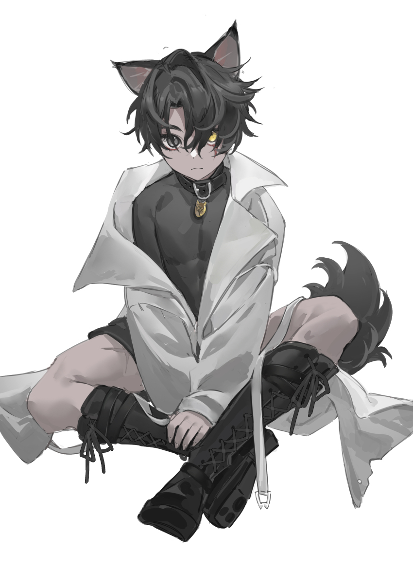 1boy absurdres animal_ears black_boots black_eyes black_hair black_shirt black_shorts boots coat collar curtained_hair dog_ears dog_tail double-parted_bangs frown full_body furry hair_between_eyes heterochromia highres lace-up_boots looking_at_viewer omniscient_reader&#039;s_viewpoint shirt shorts solo tack_ka_2_0 tail white_coat yellow_eyes yoo_joonghyuk