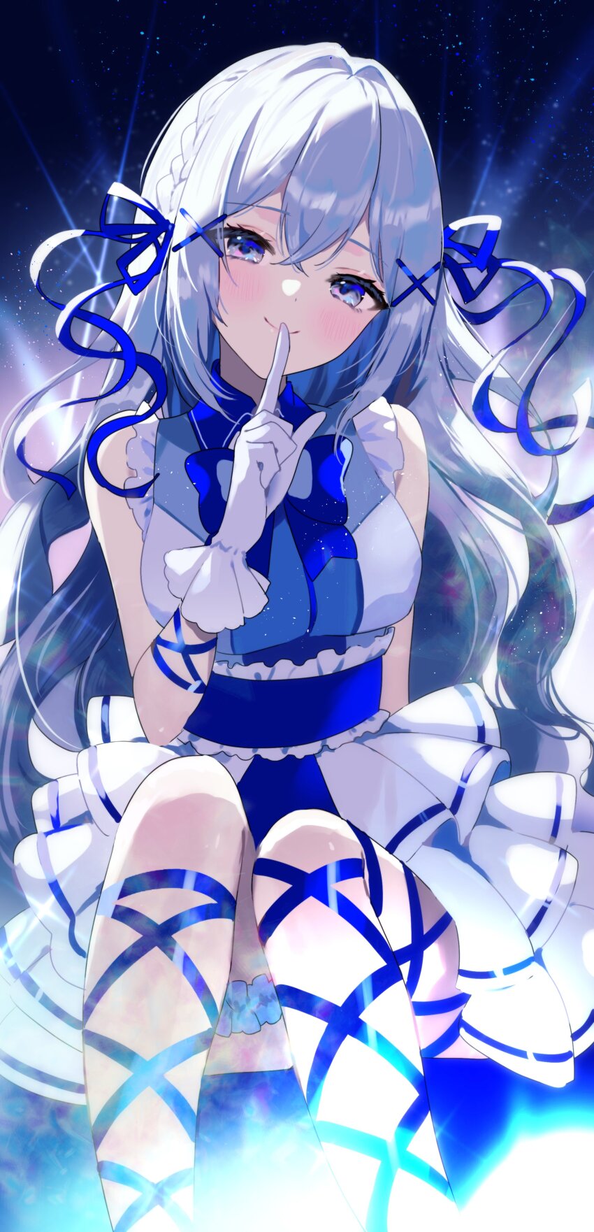 absurdres aitsuki_nakuru blue_bow blue_eyes blue_ribbon blue_theme blush bow braid collared_shirt commission cropped_legs finger_to_mouth frilled_shirt frills glitter gloves gradient_background hell_fuuna highres idol indie_virtual_youtuber long_hair looking_at_viewer ribbon shirt shushing sidelighting sitting skeb_commission skirt sleeveless smile vest white_gloves white_hair