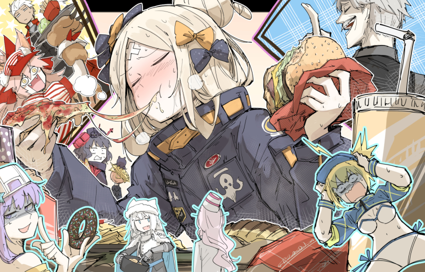2boys 6+girls abigail_williams_(fate) abigail_williams_(traveling_outfit)_(fate) animal_ears archer_(fate) artoria_pendragon_(fate) bandaid bandaid_on_face bandaid_on_forehead baseball_cap bb_(fate) bb_(swimsuit_mooncancer)_(fate) bb_(swimsuit_mooncancer)_(first_ascension)_(fate) belt black_bow black_jacket blonde_hair blush bow breasts burger cat_ears closed_eyes crossed_bandaids cup dark-skinned_male dark_skin disposable_cup dobrynya_nikitich_(fate) dobrynya_nikitich_(first_ascension)_(fate) donut eating facial_hair fate/grand_order fate/stay_night fate_(series) food forehead fox_ears garrison_cap grey_hair hair_bow hair_bun hair_ornament hat jacket james_moriarty_(archer)_(fate) james_moriarty_(gray_collar)_(fate) kankan33333 katsushika_hokusai_(fate) koyanskaya_(fate) koyanskaya_(foreigner)_(first_ascension)_(fate) long_hair long_sleeves looking_at_viewer medium_breasts multiple_bows multiple_boys multiple_girls mustache mysterious_heroine_x_(fate) mysterious_heroine_xx_(fate) old old_man open_mouth orange_belt orange_bow parted_bangs pink_hair pizza polka_dot polka_dot_bow ponytail purple_eyes purple_hair short_hair small_breasts smile van_gogh_(fate) very_long_hair visor_cap white_hair white_headwear yellow_eyes