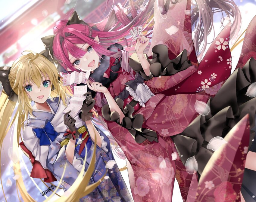 2girls ahoge akatsuki_hijiri artoria_caster_(fate) artoria_pendragon_(fate) baobhan_sith_(fate) black_bow black_gloves blonde_hair blue_kimono blush bow breasts fate/grand_order fate_(series) fur_collar gloves green_eyes grey_eyes hair_bow japanese_clothes kimono large_breasts long_hair long_sleeves looking_at_viewer multiple_girls obi open_mouth pink_hair pointy_ears ponytail red_kimono sash sidelocks small_breasts smile twintails wide_sleeves