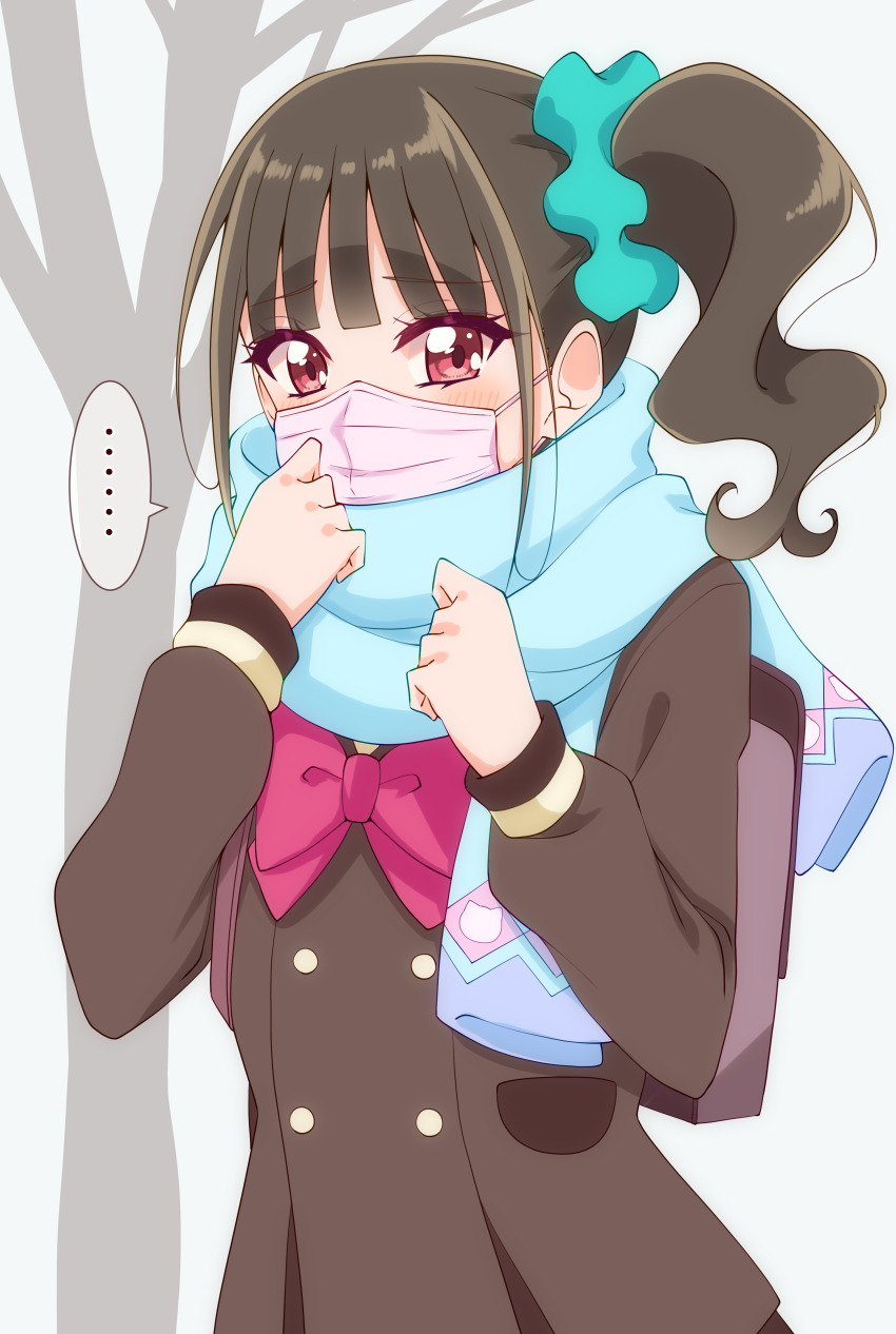 1girl aqua_scrunchie bag blush bow bowtie brown_bag brown_cardigan brown_hair cardigan long_hair long_sleeves multicolored_scarf nekoyashiki_mayu pink_bow pink_bowtie pink_mask precure red_eyes scarf school_bag school_uniform scrunchie second_wangan_school_uniform shirt side_ponytail solo sugimura_mickey upper_body wonderful_precure! yellow_shirt