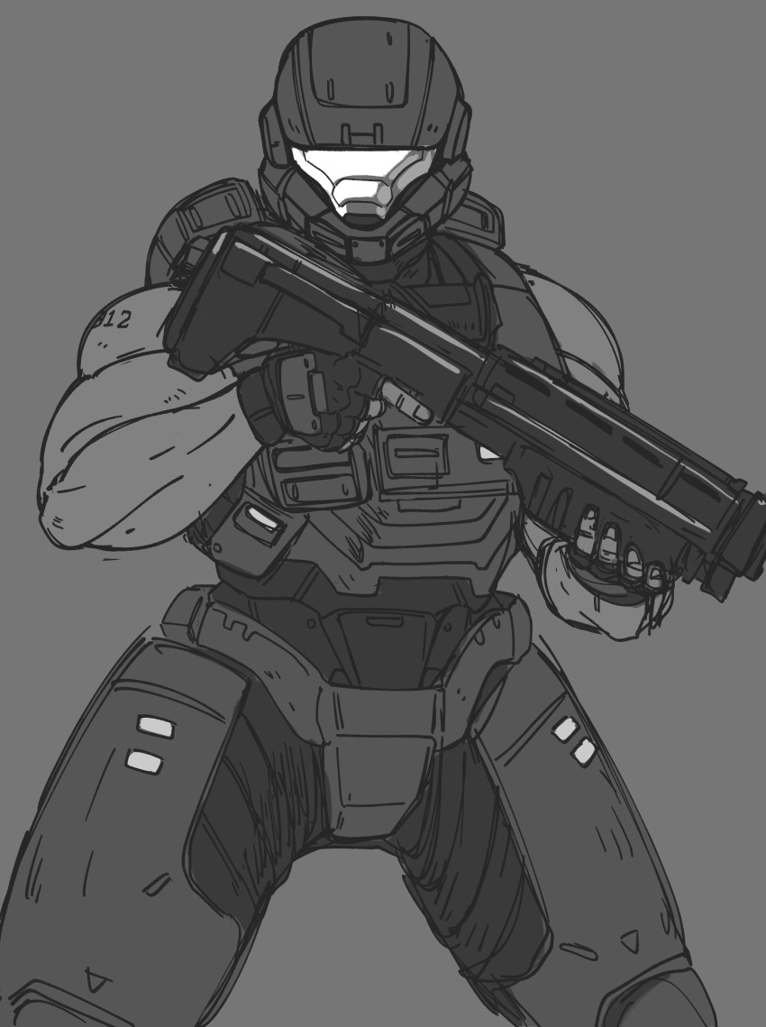 1boy absurdres adapted_costume armor grey_background greyscale gun halo:_reach halo_(series) highres holding holding_gun holding_weapon low_bore_axis_shotgun m90 male_focus monochrome mymyc power_armor pump-action_shotgun shotgun sleeveless solo spartan-b312 spartan_(halo) trigger_discipline weapon