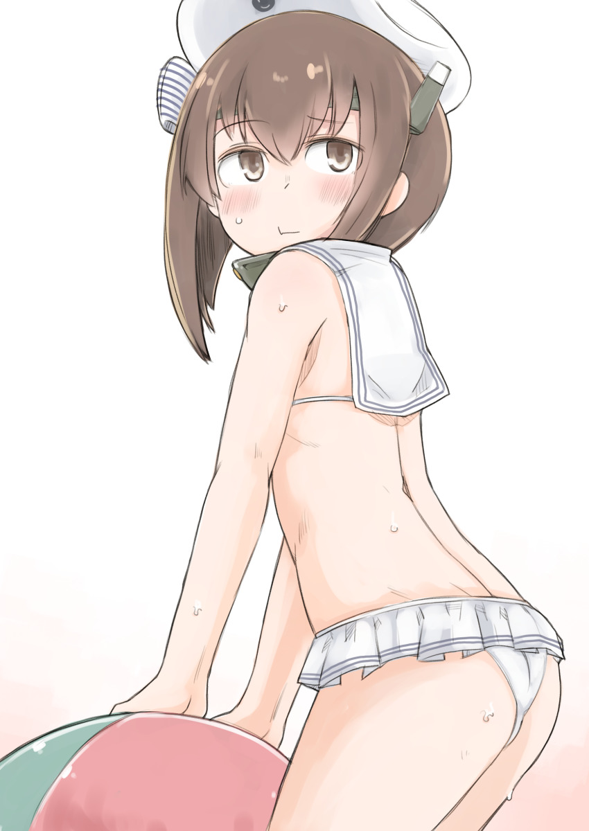 1girl absurdres ass ball bikini blush bow brown_eyes brown_hair closed_mouth cosplay enjaku_izuku frilled_bikini frills hat hat_bow headband headgear highres kantai_collection sailor_bikini sailor_collar short_hair simple_background solo sweat swimsuit taihou_(kancolle) white_bikini white_headwear white_sailor_collar z1_leberecht_maass_(kancolle) z1_leberecht_maass_(kancolle)_(cosplay) z1_leberecht_maass_(swimsuit)_(kancolle)