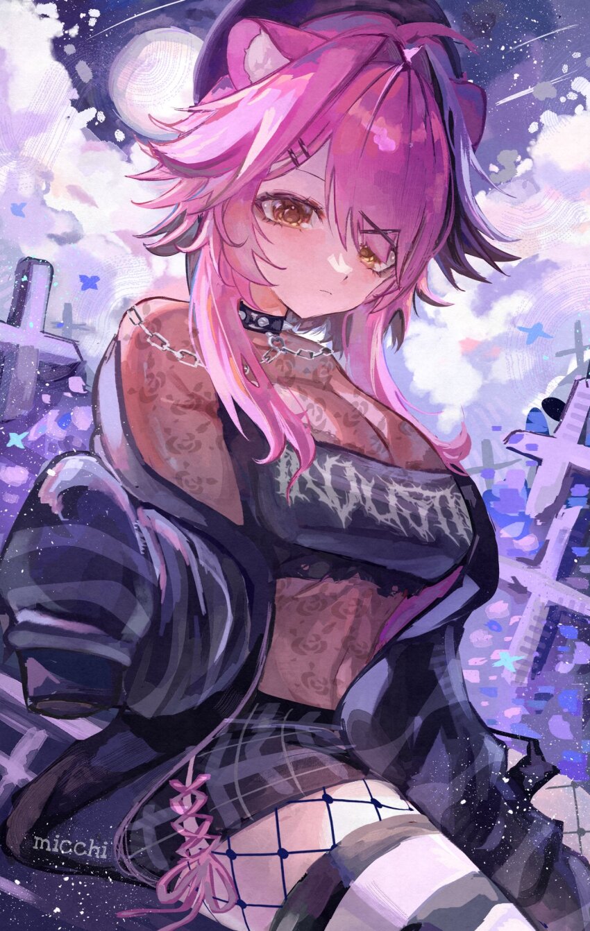 1girl ahoge animal_ears artist_name black_choker black_hat black_jacket black_pantyhose black_shirt black_skirt black_thighhighs blush breasts choker closed_mouth commentary cross english_commentary expressionless fishnet_pantyhose fishnets full_moon hair_intakes hair_ornament hairclip halloween hat highres hololive hololive_english jacket large_breasts long_sleeves looking_at_viewer medium_hair micunchi moon multicolored_hair night panther_ears panther_girl pantyhose pink_hair plaid_clothes plaid_skirt raora_panthera see-through_clothes see-through_shirt shirt skirt solo streaked_hair striped_clothes striped_jacket striped_thighhighs thighhighs thighs tombstone virtual_youtuber white_thighhighs yellow_eyes