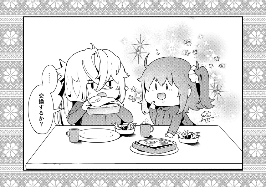 1boy 1girl :d asclepius_(fate) blush bread bread_slice chibi commentary_request cup dated drooling fate/grand_order fate_(series) food fujimaru_ritsuka_(female) greyscale hair_between_eyes hair_ornament hair_scrunchie hand_up hands_up holding holding_food long_sleeves monochrome mouth_drool mug one_side_up open_mouth plate ruri_rarako scrunchie shirt signature sleeves_past_wrists smile sparkle_background steam translation_request |_|