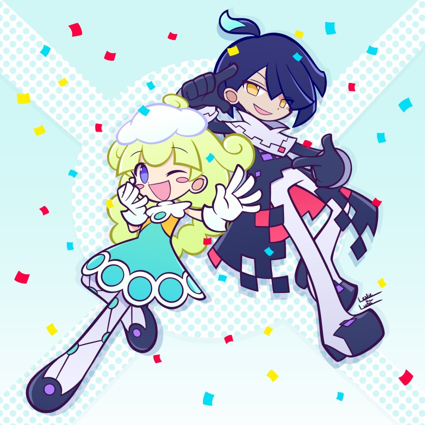 1boy 1girl :d absurdres ahoge aqua_dress black_coat black_footwear black_gloves blue_background blue_hair blunt_bangs blunt_ends blush_stickers capelet coat collar confetti dark_blue_hair deformed double-parted_bangs dress drop_shadow dyed_ahoge finger_frame flats flipped_bangs full_body fur_hat gloves gradient_background green_hair hair_flaps hair_rings hand_on_own_cheek hand_on_own_face hand_up hands_up happy hat highres knee_up leslietheluna long_hair looking_at_viewer marle_(puyopuyo) mini_hat no_pupils official_style one_eye_closed open_clothes open_coat open_hand open_mouth pants pantyhose purple_eyes puyopuyo puyopuyo_tetris_2 raised_eyebrows sideways_glance signature single_hair_ring sleeveless sleeveless_dress smile squares_(puyopuyo) three_quarter_view two-sided_fabric white_capelet white_collar white_gloves white_hat white_pants white_pantyhose
