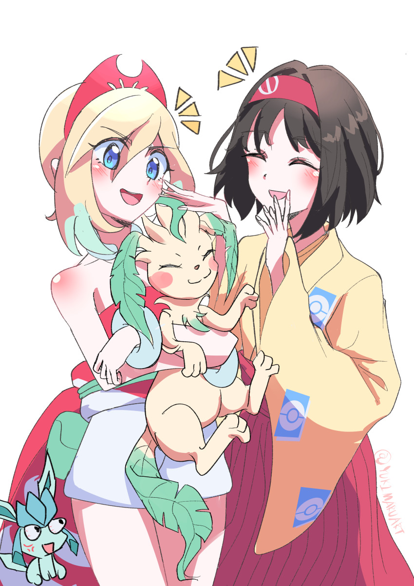 absurdres erika_(pokemon) gen_4_pokemon glaceon hairband hakama highres irida_(pokemon) japanese_clothes jewelry kimono leafeon neck_ring nintendo pokemon pokemon_frlg pokemon_legends:_arceus red_hairband red_hakama shirt strapless strapless_shirt waist_cape yellow_kimono yukimaru_(jvje4777)