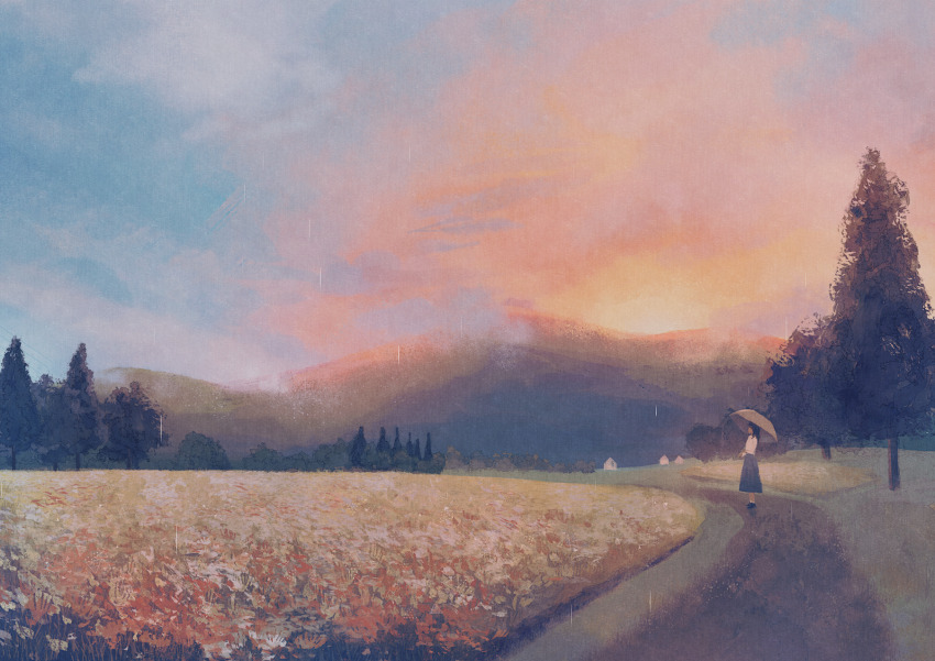 1girl black_hair black_shoes building cloud cloudy_sky commentary_request evening faceless faceless_female field flower flower_field from_side grey_skirt harucoro25 highres holding holding_umbrella landscape long_hair long_skirt orange_clouds original path road scenery shirt shoes skirt sky socks solo standing sunset tree umbrella very_wide_shot white_shirt white_socks