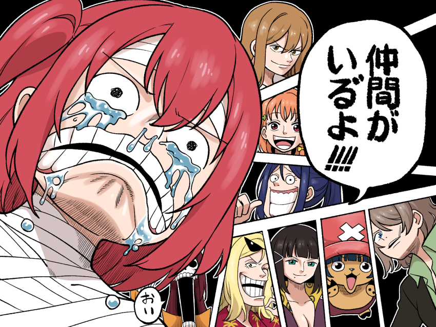 6+girls ;d aqours_pirates_desire bandaged_head bandages black_hair black_jacket blonde_hair blue_eyes blunt_bangs bow breasts brook_(one_piece) brook_(one_piece)_(cosplay) brown_eyes brown_hair brown_pants cleavage closed_mouth clover_hair_ornament collarbone collared_shirt comic_panel_redraw commentary cosplay crying crying_with_eyes_open derivative_work dress_shirt eyewear_on_head franky_(one_piece) franky_(one_piece)_(cosplay) green_eyes green_shirt grey_hair grin hair_between_eyes hair_bow hair_ornament hat hawaiian_shirt highres jacket koaraya kunikida_hanamaru kurosawa_dia kurosawa_ruby love_live! love_live!_sunshine!! matsuura_kanan medium_breasts medium_hair mole mole_under_mouth monkey_d._luffy monkey_d._luffy_(cosplay) multiple_girls name_connection nami_(one_piece) nami_(one_piece)_(cosplay) nico_robin nico_robin_(cosplay) nico_robin_(sabaody) ohara_mari one_eye_closed one_piece open_mouth orange_hair palm_tree_print pants print_shirt red_eyes red_hair red_hat red_shirt reindeer_girl roronoa_zoro roronoa_zoro_(cosplay) sakurauchi_riko sanji_(one_piece) sanji_(one_piece)_(cosplay) shirt skeleton smile snot sobbing straw_hat_pirates sunglasses takami_chika tears teeth tony_tony_chopper tony_tony_chopper_(cosplay) translation_request tsushima_yoshiko two_side_up usopp usopp_(cosplay) watanabe_you yellow_bow