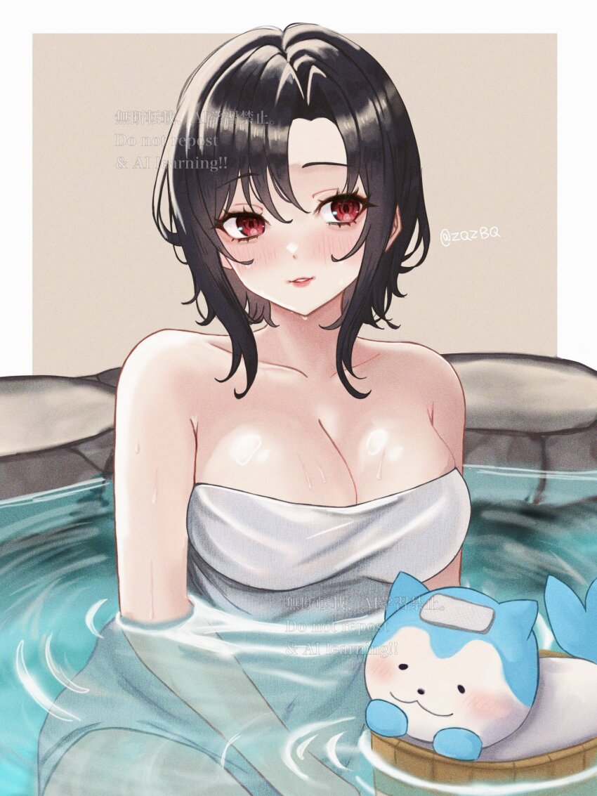 1girl bare_shoulders black_hair breasts cleavage fire_emblem fire_emblem_engage highres large_breasts naked_towel nel_(fire_emblem) nintendo partially_submerged red_eyes short_hair sommie_(fire_emblem) towel water zqzbq