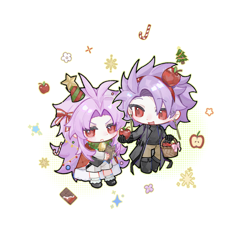 2boys absurdres alternate_costume antenna_hair apple apple_hair_ornament belt black_belt black_boots black_coat black_gloves black_shirt black_shoes black_vest book boots bow brown_pants candy candy_cane cape chibi chibi_only chinese_commentary chocolate chocolate_bar christmas_tree closed_mouth coat commentary_request earrings flower food food-themed_hair_ornament frown fruit gloves hair_bow hair_ornament hairband haoe_(157876) hatsutori_hajime highres holding holding_book holding_food holding_fruit jewelry long_hair long_sleeves male_focus multiple_boys open_belt open_clothes open_coat open_mouth pants pink_flower purple_hair red_bow red_cape red_eyes red_hairband saibou_shinkyoku shirt shoes short_hair shorts smile socks sparkle star_(symbol) theodore_riddle tsurime vest white_flower white_shirt white_shorts white_socks