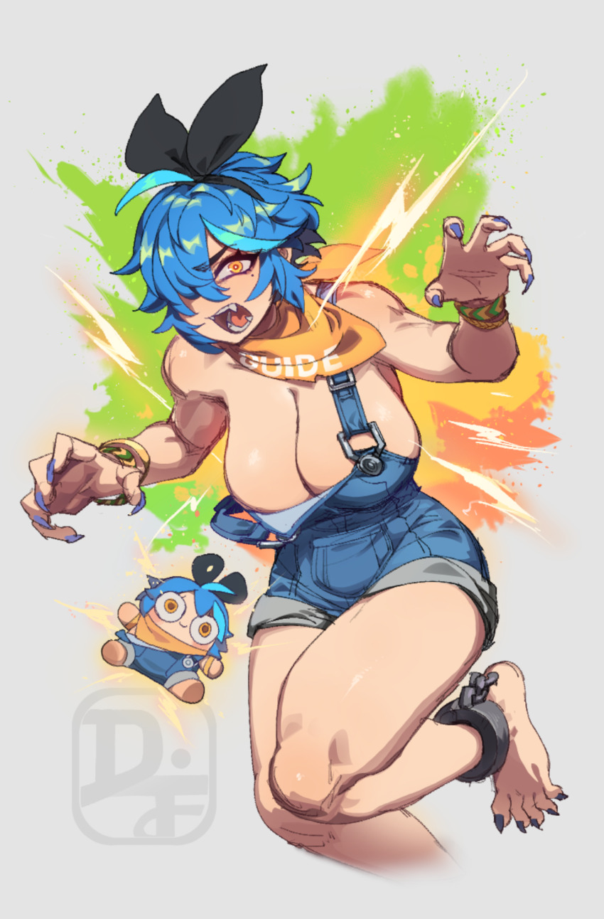 1girl aqua_hair barefoot black_bow black_hairband blanka blanka-chan blanka_(cosplay) blue_hair blue_overalls bow bow_hairband bracelet breasts character_doll claw_pose commentary cosplay cuffs denim dif_(difman) difman electricity english_commentary fangs feet fingernails hair_over_one_eye hairband highres jewelry large_breasts legs looking_at_viewer mole mole_under_eye multicolored_hair nail_polish naked_overalls neckerchief no_bra open_mouth orange_eyes orange_neckerchief original overall_shorts overalls purple_nails shackles sharp_fingernails sharp_toenails short_hair solo strap_slip streaked_hair street_fighter street_fighter_6 thighs toenail_polish toenails toes