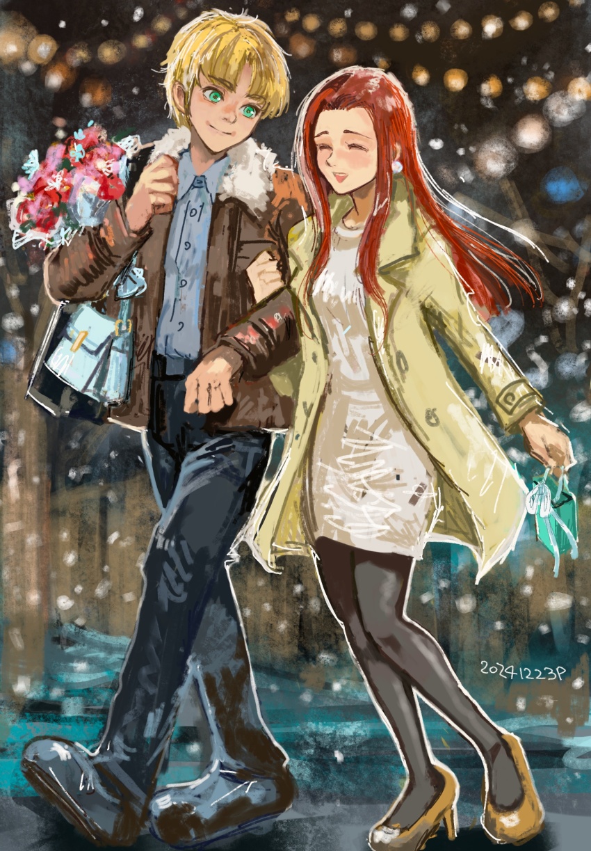 1boy 1girl alternate_universe bernard_wiseman blonde_hair blue_eyes christina_mackenzie closed_eyes closed_mouth commentary couple dated english_commentary flower full_body good_end gundam gundam_0080 highres long_hair long_sleeves looking_at_another okrdisk2000 open_mouth orange_eyes pantyhose reflective_floor smile snowing teeth upper_teeth_only