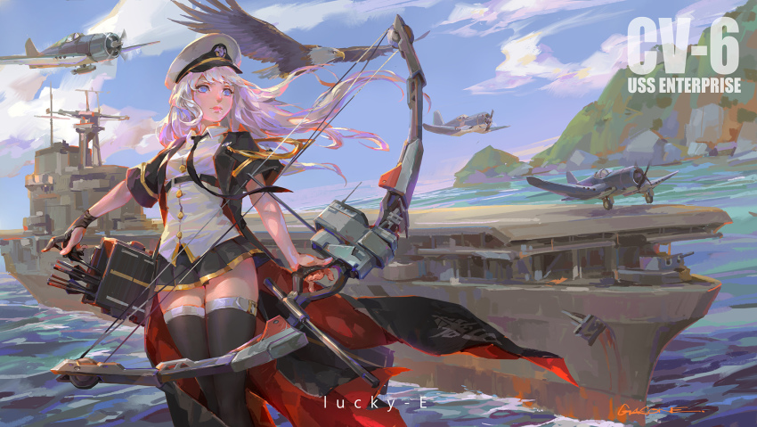 1girl aircraft aircraft_carrier airplane arrow_(projectile) azur_lane bald_eagle bird black_gloves black_jacket black_necktie black_skirt blue_eyes bow_(weapon) buttons cape closed_mouth cloud collared_shirt crossbow day eagle female_focus flying gloves hat highres historical_name_connection holding holding_bow_(weapon) holding_crossbow holding_weapon jacket long_hair military military_vehicle mountain name_connection necktie no_pupils object_namesake ocean outdoors peaked_cap personification pink_lips pleated_skirt propeller propeller_fighter quill runway shengyi_sun ship ship_turret shirt short_sleeves single_glove skirt solo standing sunlight takeoff thighhighs uss_enterprise_(cv-6) vehicle_and_personification warship water watercraft weapon white_hair white_shirt world_war_ii zettai_ryouiki