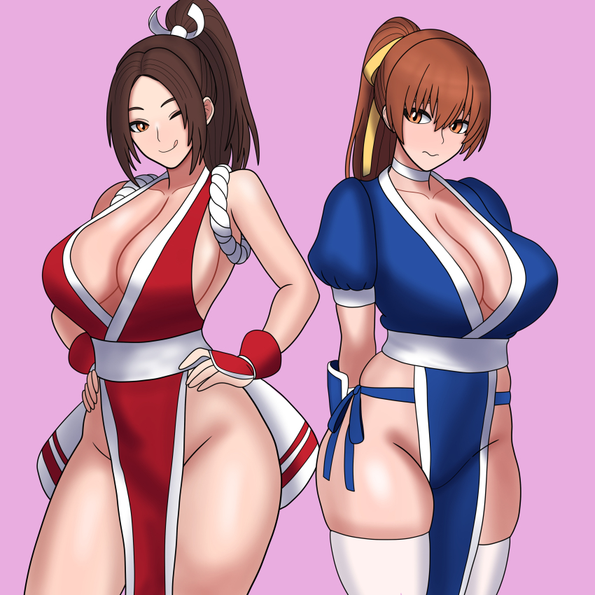 2girls ;d absurdres arm_guards bare_shoulders blush bojack198 breasts brown_eyes brown_hair choker cleavage commentary cowboy_shot crossover dead_or_alive english_commentary fatal_fury female_focus hair_ribbon hands_on_own_hips high_ponytail highres japanese_clothes kasumi_(doa) large_breasts licking_lips long_hair looking_at_viewer matching_hair/eyes multiple_girls ninja no_bra no_panties one_eye_closed open_mouth panties pelvic_curtain pink_background ponytail revealing_clothes ribbon rope shin_guards shiranui_mai side-tie_panties sideboob skindentation smile snk standing the_king_of_fighters thighhighs tongue tongue_out trait_connection underwear white_choker white_thighhighs wink wrist_guards yellow_ribbon