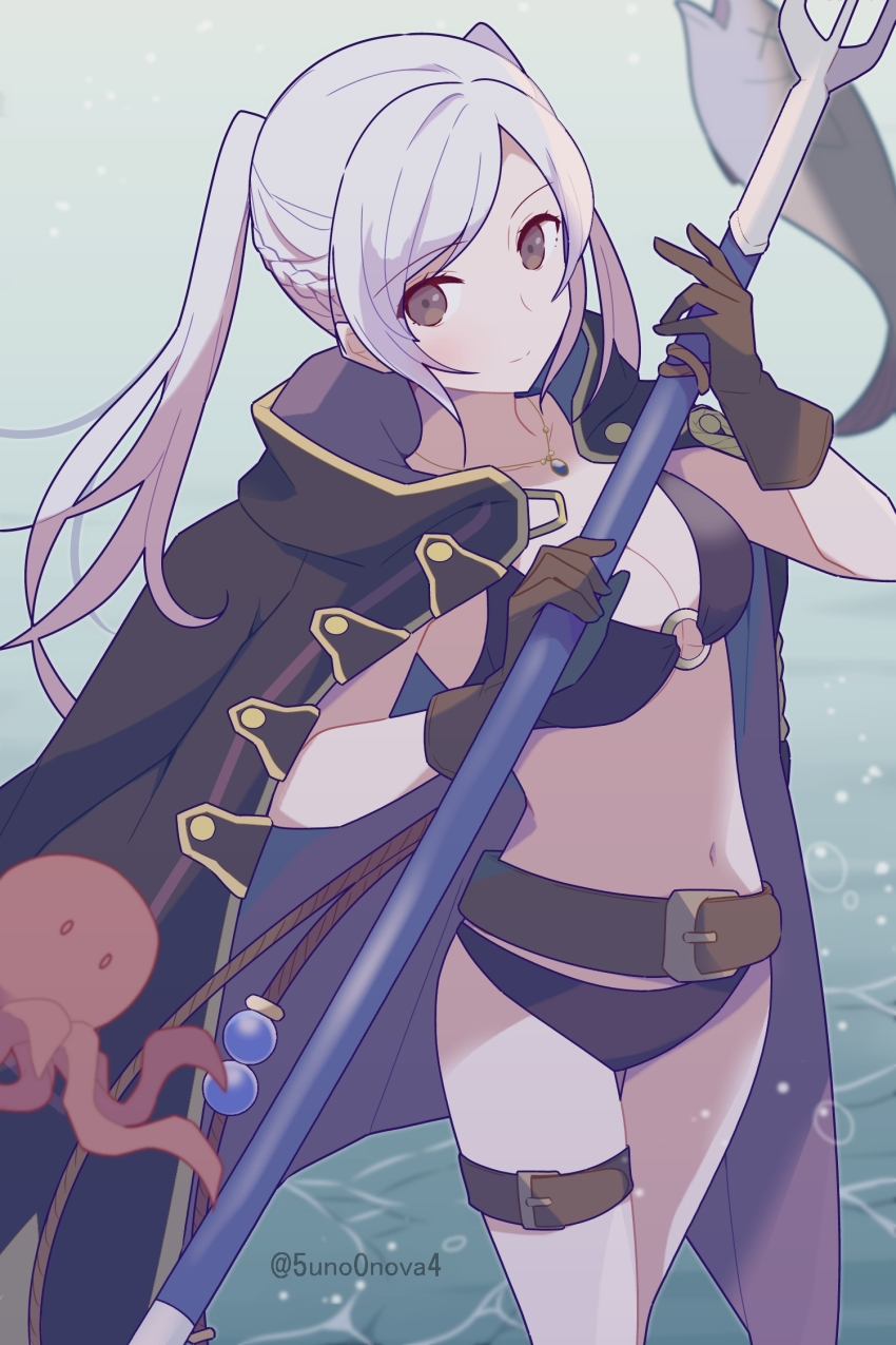 1girl 343rone bikini black_bikini breasts brown_eyes brown_gloves cleavage closed_mouth female_robin_(fire_emblem) female_robin_(seaside_tactician)_(fire_emblem) fire_emblem fire_emblem_awakening fire_emblem_heroes gloves highres jewelry large_breasts long_hair navel necklace nintendo octopus official_alternate_costume smile solo standing stomach swimsuit thigh_strap thighs twintails white_hair