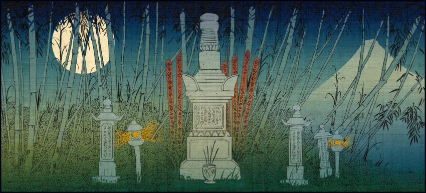 bamboo commentary english_commentary grass leaf light moon mountain night no_humans official_art outdoors roland_macdonald shrine silhouette sky stone_lantern tombstone total_war total_war:_shogun_2