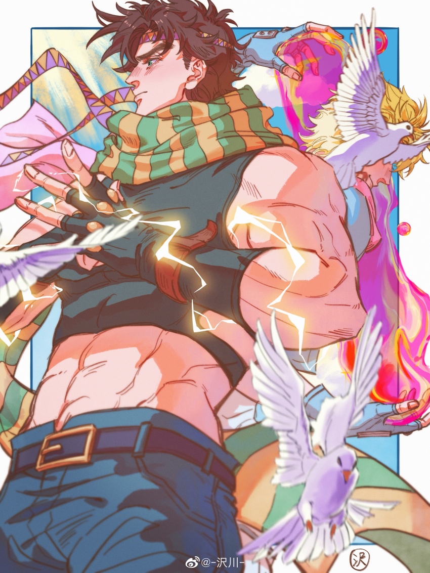 2boys abs absurdres arm_up bare_shoulders battle_tendency belt belt_buckle bird blonde_hair blue_gloves blue_jacket brown_hair bubble buckle caesar_anthonio_zeppeli chinese_commentary clenched_hand closed_mouth cloud commentary_request crop_top cropped_jacket day denim dove fingerless_gloves fist_in_hand gloves green_eyes hamon headband highres jacket jeans jojo_no_kimyou_na_bouken joseph_joestar joseph_joestar_(young) light_smile looking_away male_focus midriff multiple_boys muscular no_headband no_headwear pants pink_scarf scarf serious short_hair signature standing striped_clothes striped_scarf watermark zechuan
