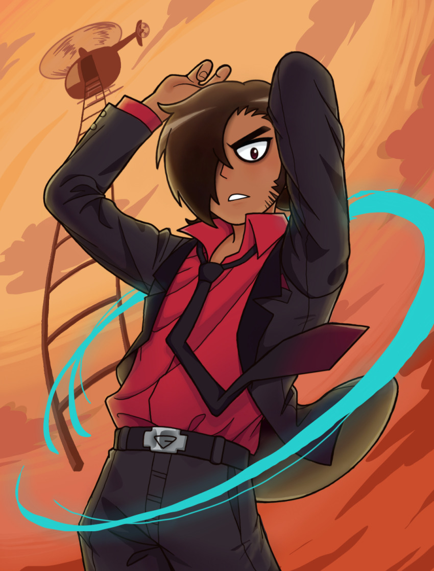 1boy aircraft arms_up belt black_jacket black_necktie black_pants brown_hair chinese_commentary collared_shirt commentary_request cowboy_shot dark-skinned_male dark_skin hair_over_one_eye helicopter highres jacket long_sleeves looking_at_viewer male_focus matthew_patel necktie official_alternate_costume official_style open_clothes open_shirt pants red_shirt scott_pilgrim_(series) scott_pilgrim_takes_off shirt short_hair solo standing yize6992