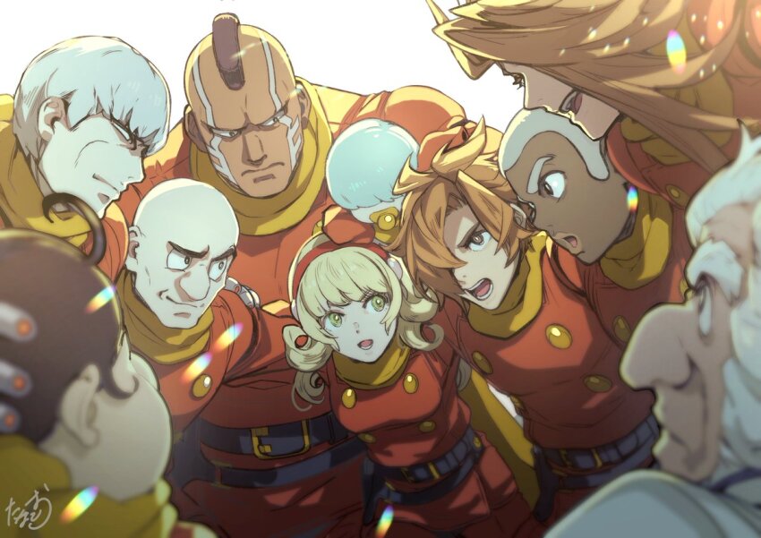 albert_heinrich blonde_hair brown_hair chang_changku coat cyborg cyborg_009 francoise_arnoul geronimo_jr great_britain_(cyborg_009) green_eyes hair_over_one_eye hairband isaac_gilmore ivan_whisky jet_link pyunma red_coat red_hairband scarf shimamura_joe tanaotanako yellow_scarf