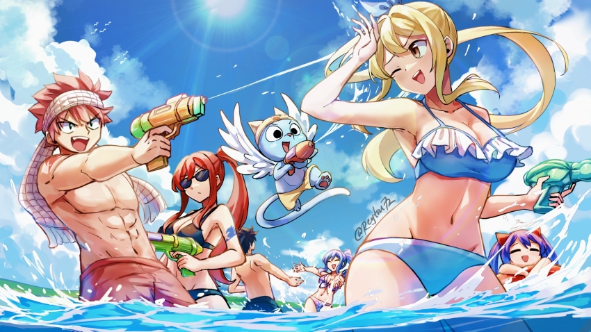 2boys 4girls ;d abs alternate_costume artist_name bikini black_bikini black_hair black_male_swimwear blonde_hair blue_bikini blue_cat blue_sky breasts brown_eyes closed_eyes cloud cloudy_sky collarbone commentary_request erza_scarlet fairy_tail gray_fullbuster hairpods happy_(fairy_tail) headband highres holding holding_water_gun juvia_lockser large_breasts long_hair lucy_heartfilia male_swimwear multiple_boys multiple_girls natsu_dragneel navel ocean one_eye_closed open_mouth ponytail purple_bikini purple_hair red_hair red_male_swimwear reytsu shoulder_tattoo sky smile stomach sunglasses swimsuit tattoo teeth topless_male upper_teeth_only wading water water_gun wendy_marvell white_headband white_wings wings