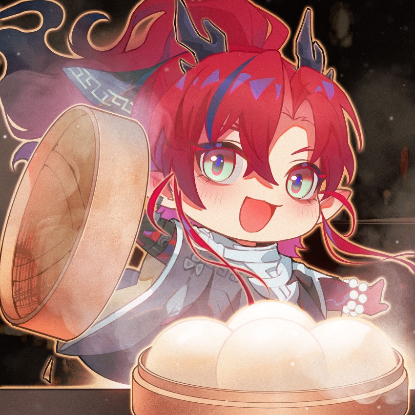 1boy :d arknights beads black_hair black_horns blush chibi chibi_only chinese_commentary colored_extremities commentary_request food green_eyes hair_between_eyes hair_intakes highres holding holding_lid horns lid long_hair looking_at_viewer male_focus multicolored_hair open_mouth purple_hair red_hair smile solo steam steamed_bun streaked_hair yiyu_wusheng yu_(arknights)