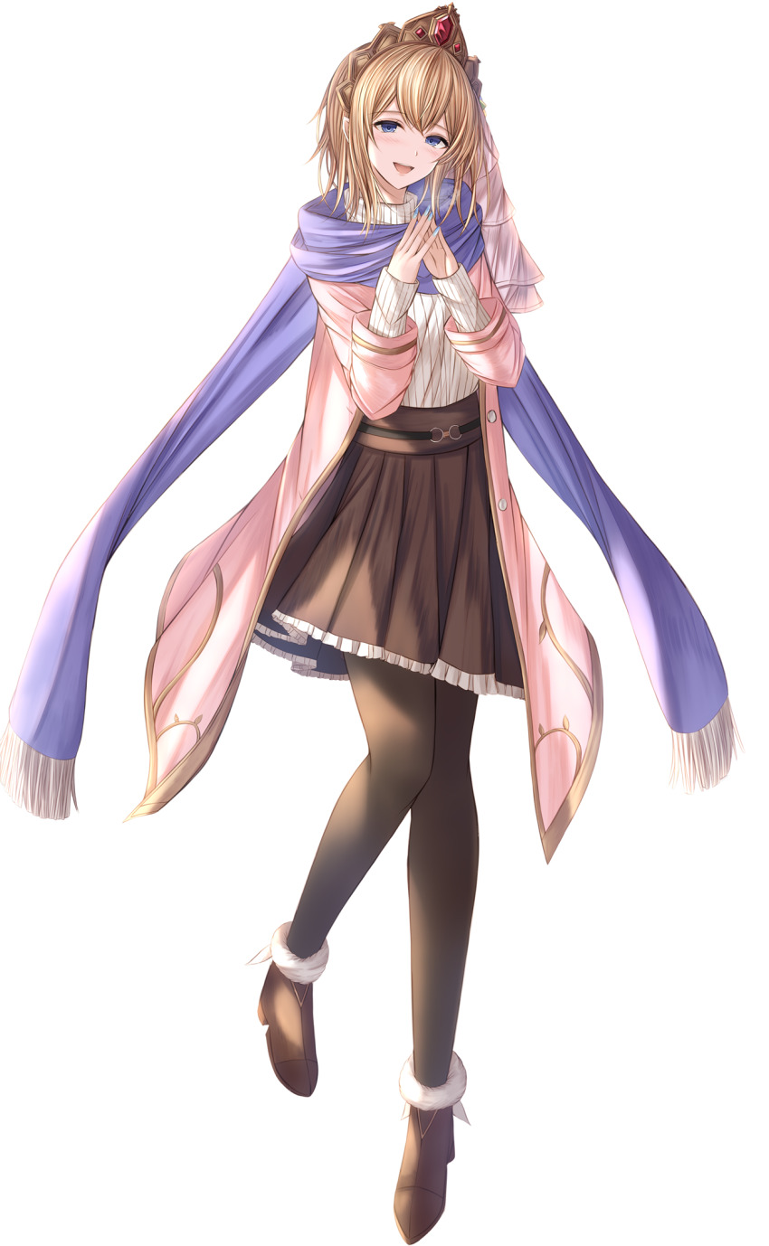 1girl alternate_costume black_pantyhose blonde_hair blue_eyes blue_scarf boots brown_boots brown_skirt coat europa_(granblue_fantasy) full_body fur-trimmed_boots fur_trim granblue_fantasy highres kanpyou_(hghgkenfany) long_sleeves looking_at_viewer medium_hair nail_polish open_clothes open_coat open_mouth pantyhose pink_coat scarf simple_background skirt solo standing sweater tiara white_background white_sweater