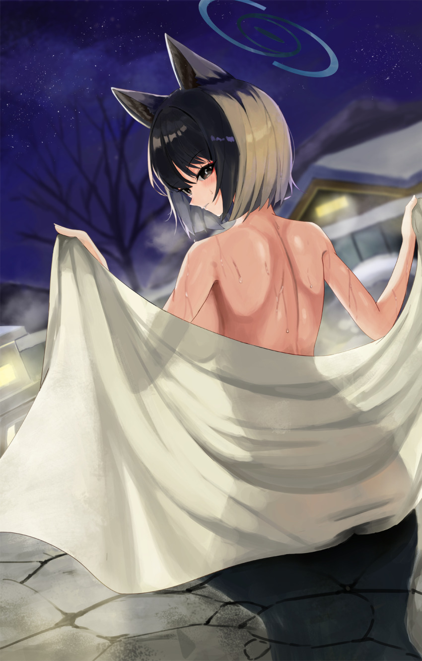 1girl animal_ears back black_hair blue_archive blush breasts breath cat_ears commentary completely_nude from_behind gang_ryeol halo highres holding holding_towel kikyou_(blue_archive) large_breasts looking_at_viewer median_furrow nude onsen see-through_silhouette short_hair shoulder_blades solo towel