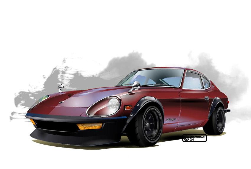 2024 artist_name car commentary_request datsun_240z grey_background highres motor_vehicle nimbus_goldbrum nissan_fairlady_z no_humans original red_car two-tone_background vehicle_focus white_background