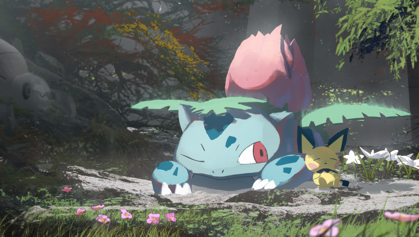 absurdres asteroid_ill day flower forest gen_1_pokemon gen_2_pokemon gen_3_pokemon grass highres ivysaur landscape light_rays looking_at_another nature nincada nintendo no_humans one_eye_closed outdoors pichu pink_flower pokemon pokemon_(creature) rock scenery shadow sleeping tree white_flower