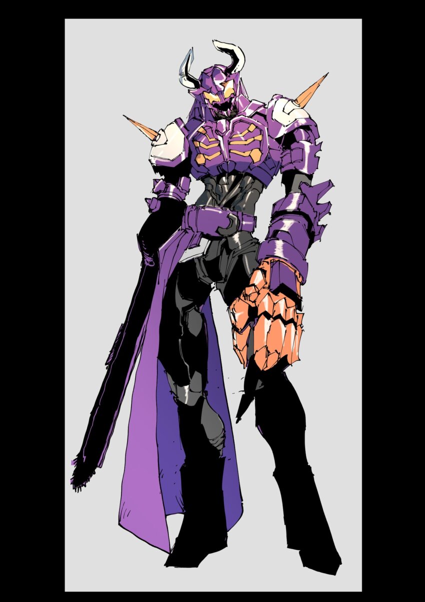 1boy black_bodysuit black_boots black_border black_gloves bodysuit boots border buffalo bull chainsaw claw_(weapon) cowboy_shot gloves highres horns ichitaka_(1015ichitaka) imminent_hit kamen_rider kamen_rider_buffa kamen_rider_geats_(series) long_hair male_focus mechabare mechanical_hands multicolored_hair purple_hair purple_scarf redesign scarf shoulder_spikes single_mechanical_hand solo spikes standing sword tokusatsu weapon zombie_breaker zombie_buckle