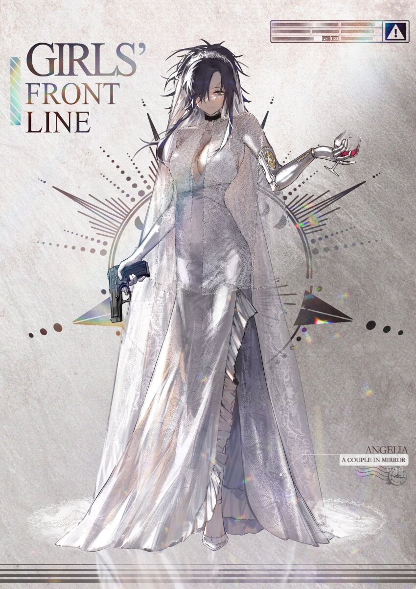 1girl absurdres alcohol alternate_costume angelia_(girls&#039;_frontline) blue_hair blueblossom bridal_veil cup dress drinking_glass english_text girls&#039;_frontline grey_eyes gun handgun highres holding holding_cup holding_gun holding_weapon long_hair mechanical_arms mp-443_grach red_wine scar scar_on_face scar_on_forehead single_mechanical_arm smile solo solo_focus trigger_discipline veil weapon wedding_dress white_dress wine wine_glass