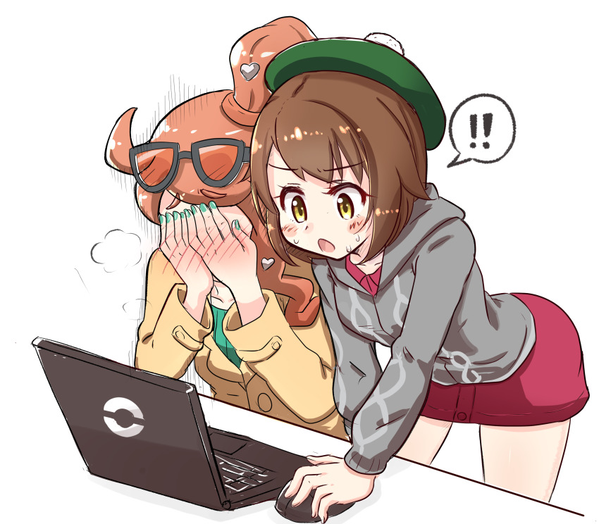 ! !! 2girls :o absurdres black-framed_eyewear blush cardigan coat commentary_request computer computer_mouse covering_face creatures_(company) egosearching embarrassed eyewear_on_head game_freak gloria_(pokemon) green_headwear green_nails grey_cardigan hair_ornament hat heart heart_hair_ornament highres implied_pornography laptop long_sleeves miniskirt multiple_girls nail_polish nintendo open_mouth orange_hair pae_(ac40935_m41) poke_ball_symbol pokemon pokemon_swsh raised_eyebrows short_hair side_ponytail simple_background skirt sonia_(pokemon) spoken_exclamation_mark sunglasses tam_o&#039;_shanter white_background yellow_coat yellow_eyes