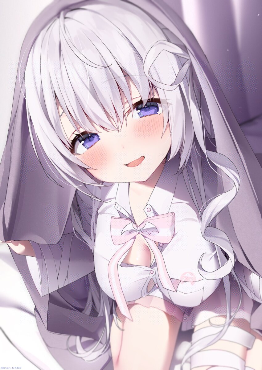 1girl bandaged_leg bandages blush bow breast_pocket breasts cleavage commission hair_between_eyes highres indie_virtual_youtuber long_hair looking_at_viewer medium_breasts naito_mare_(vtuber) nen_0405 open_mouth partially_unbuttoned pocket purple_eyes ribbon shirt sitting skeb_commission skirt solo twitter_username under_covers virtual_youtuber white_hair white_shirt wide_sleeves