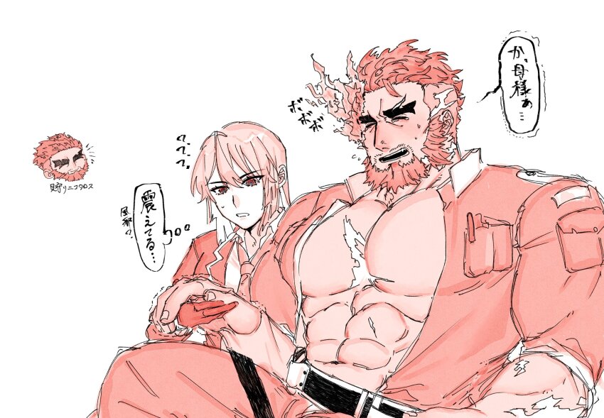 1girl 2boys bara bare_pectorals blush chibi chibi_inset crying flaming_eye hephaestus_(housamo) hetero highres holding_hands large_pectorals long_hair monochrome multiple_boys muscular muscular_male open_jumpsuit pectorals protagonist_2_(housamo) red_theme scar school_uniform short_hair shy speech_bubble sweatdrop ta_me_ba talos_(housamo) thick_eyebrows thought_bubble tokyo_houkago_summoners translation_request