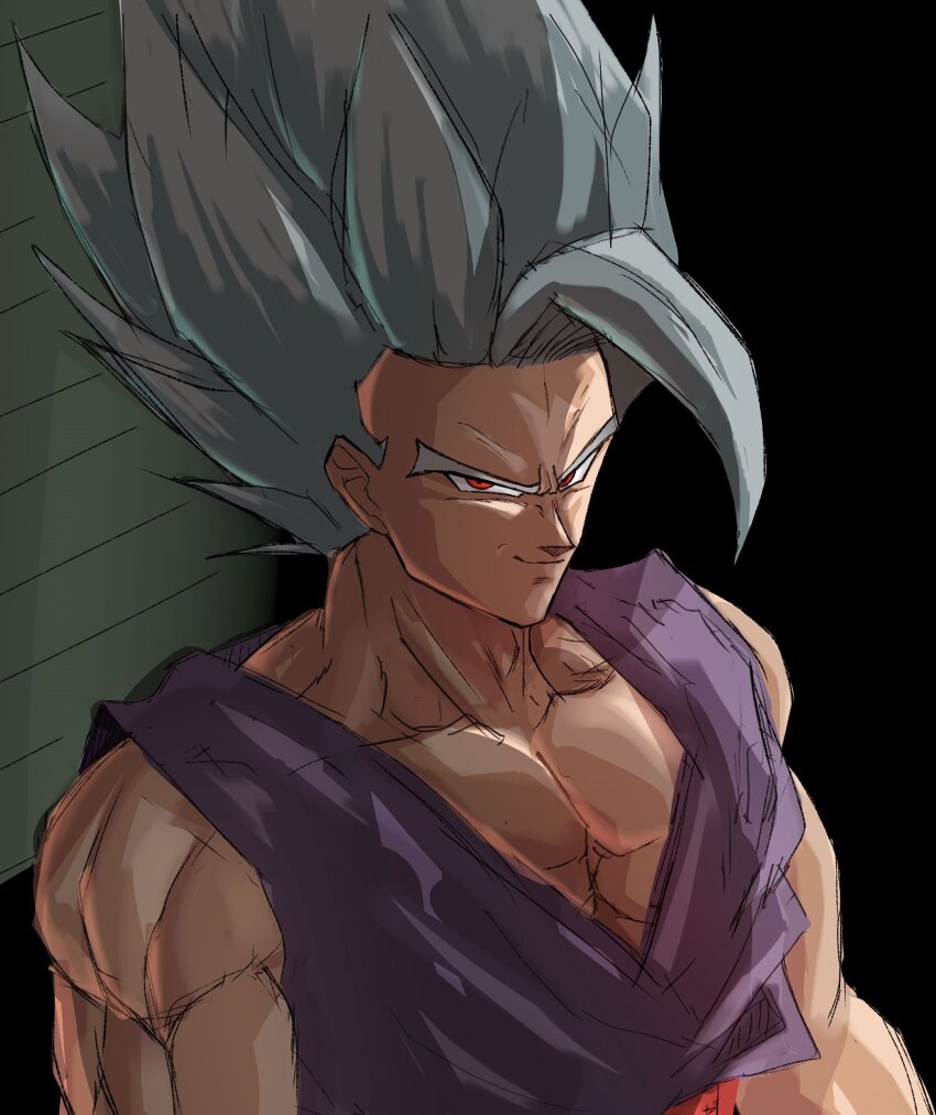 1boy absurdres black_background closed_mouth dragon_ball dragonball_z gohan_beast grey_hair highres jagabata_(tukemon11) looking_at_viewer male_focus manatsu_no_yo_no_inmu meme muscular muscular_male purple_shirt red_eyes shirt sleeveless sleeveless_shirt smile solo son_gohan spiked_hair upper_body yjsnpi_interview_(meme)