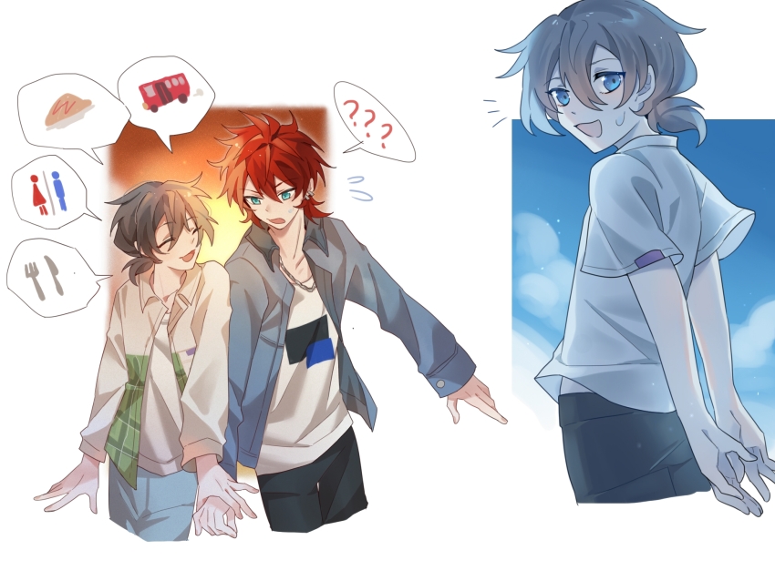 2boys ? ?? amagi_rinne aqua_eyes arms_behind_back black_pants blue_eyes blue_pants blue_sky chinese_commentary closed_eyes commentary_request cropped_legs day ensemble_stars! grey_hair grey_jacket highres jacket light_particles male_focus multiple_boys notice_lines open_clothes open_jacket open_mouth pants red_hair shiina_niki shirt short_hair short_sleeves sky smile speech_bubble spoken_object spoken_question_mark sweat tie_fei_wu_mang_dashuai white_shirt