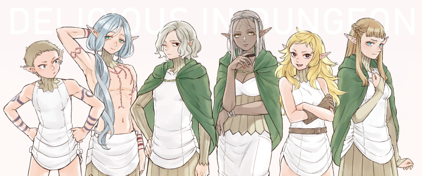 2boys 4girls aqua_eyes arm_at_side arm_behind_head arm_tattoo armor bare_shoulders black_eyes blonde_hair blue_hair blunt_bangs bracelet braid breasts brown_eyes brown_gloves brown_hair cape chest_tattoo choker cithis cleavage copyright_name cowboy_shot crossed_arms dark_skin detached_collar dungeon_meshi ear_piercing elf facial_mark faulds fleki forehead_mark frown furrowed_brow gloves green_cape green_eyes grey_hair hair_around_ear hair_flip hair_over_shoulder hair_tubes half_updo hand_on_own_hip hands_on_own_hips highres jewelry kusakari large_breasts light_brown_hair lineup long_hair looking_at_another looking_at_viewer looking_away looking_to_the_side low_twintails lysion mithrun multiple_boys multiple_girls navel notched_ear one_eye_closed otta_(dungeon_meshi) pattadol piercing pointy_ears ring robe sidelocks sideways_glance single_glove sleeveless small_breasts smile tattoo topless_male twintails uniform wavy_hair wrist_extended