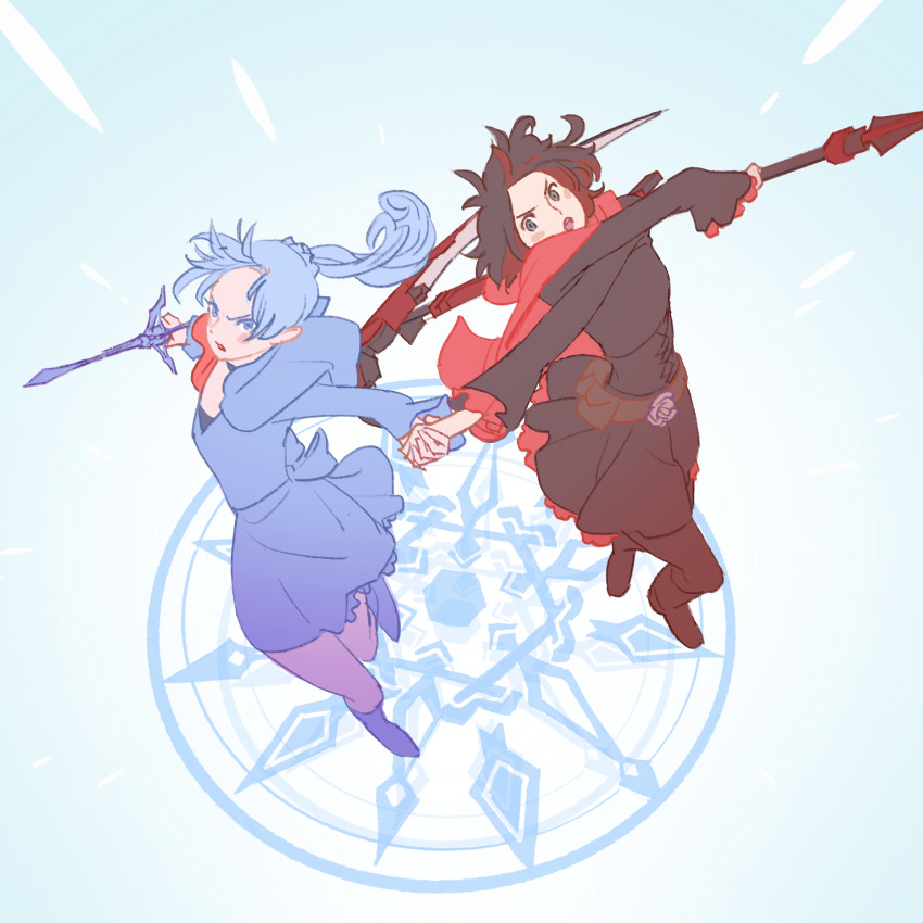 2girls 55bata6rou black_boots black_dress black_hair blue_background blue_dress blue_eyes blue_hair boots cape crescent_rose dress dynamic_pose floating_hair from_above full_body furrowed_brow grey_eyes highres holding holding_hands holding_scythe holding_sword holding_weapon long_hair long_sleeves looking_at_viewer magic_circle multiple_girls myrtenaster open_mouth ponytail red_cape red_hair ruby_rose rwby scythe short_hair standing standing_on_one_leg sword weapon weiss_schnee