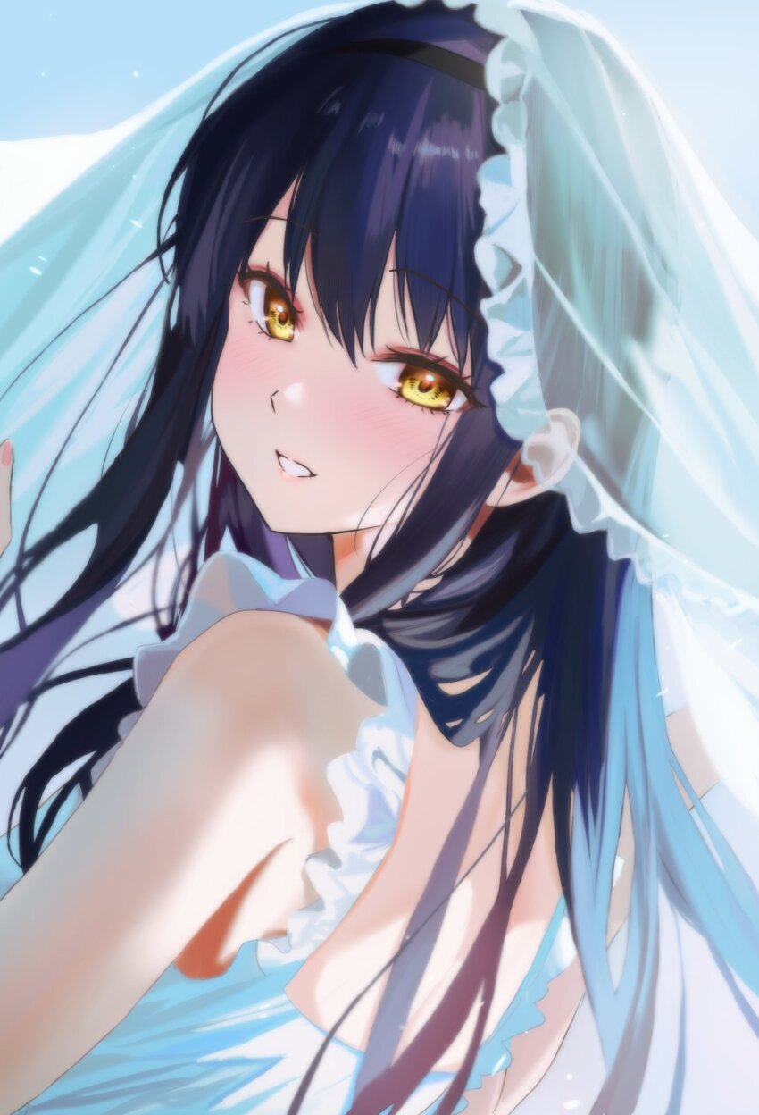 1girl back bare_shoulders black_hair black_hairband blush commentary_request dress eyelashes floating_hair frilled_dress frilled_veil frills from_behind hair_between_eyes hair_over_shoulder hairband happy highres kushima_kamome lips long_hair looking_at_viewer looking_back miiizuno_lbs parted_lips sleeveless sleeveless_dress smile solo straight_hair summer_pockets sundress tsurime upper_body veil white_dress white_veil yellow_eyes