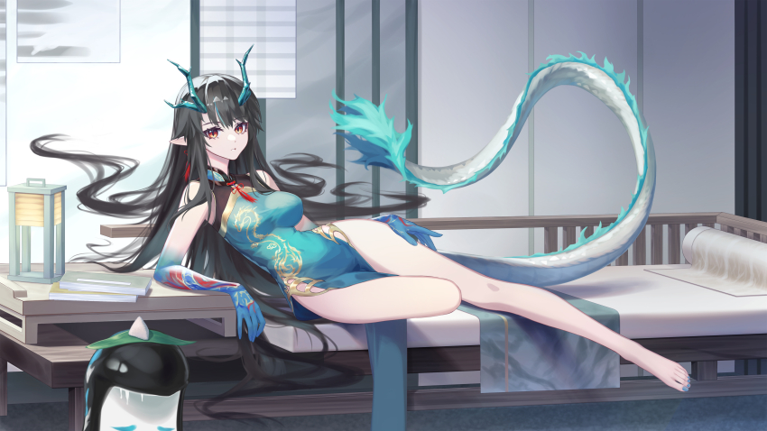 1girl :d absurdres arknights arm_support bare_legs bare_shoulders barefoot bitey_(arknights) black_hair blue_dress blue_skin book breasts china_dress chinese_clothes chinese_commentary colored_skin commentary_request covered_navel creature dragon_girl dragon_horns dragon_tail dress dusk_(arknights) dusk_(everything_is_a_miracle)_(arknights) earrings eastern_dragon_tail food full_body gradient_skin green_hair highres horns impossible_clothes impossible_dress indoors jewelry lantern large_breasts legs long_hair looking_at_viewer lying md5_mismatch meng_xi_xuan multicolored_hair official_alternate_costume on_bed on_side open_mouth pillow pointy_ears resolution_mismatch revision sleeveless sleeveless_dress smile solo_focus source_smaller streaked_hair tail tassel tassel_earrings two-tone_hair very_long_hair yellow_eyes
