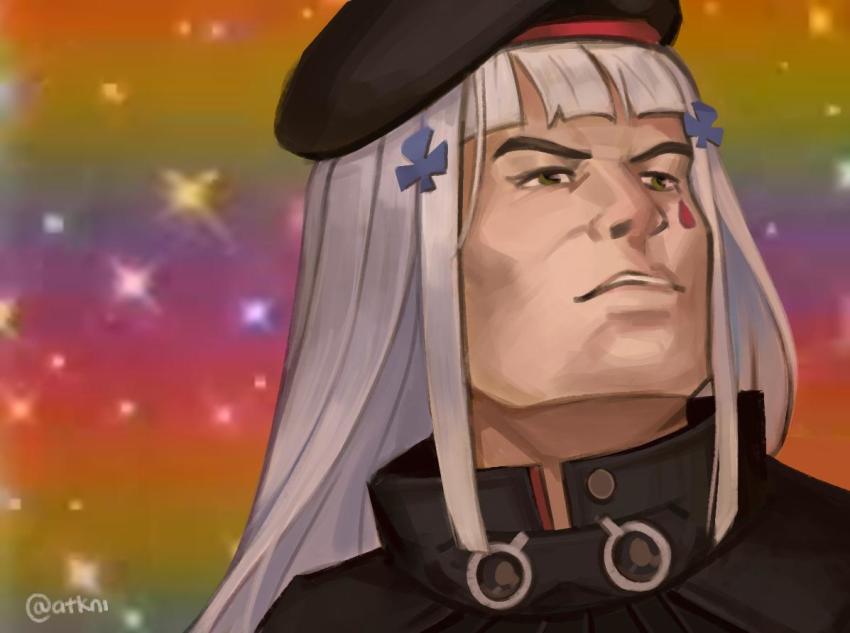 1boy atokani beret cosplay fabulous_secret_powers_(meme) girls&#039;_frontline gradient_background hat he-man hk416_(girls&#039;_frontline) hk416_(girls&#039;_frontline)_(cosplay) male_focus masters_of_the_universe meme music prince_adam rainbow_background singing solo sparkle_background twitter_username white_hair