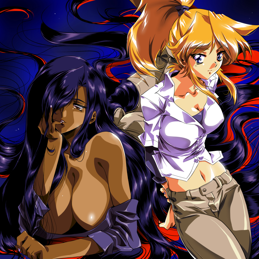 1980s_(style) 2girls absurdres arm_behind_back ass black_hair blonde_hair blue_eyes breasts brown_eyes brown_pants cleavage collared_shirt colored_inner_hair commentary commission dark-skinned_female dark_skin dual_persona english_commentary hair_behind_ear hair_over_one_eye hand_on_own_chest highres hinomars19 holding_own_arm huge_breasts large_breasts long_hair looking_to_the_side multicolored_hair multiple_girls off-shoulder_shirt off_shoulder oldschool original pants parted_lips ponytail purple_shirt red_hair retro_artstyle second-party_source shirt very_long_hair white_shirt