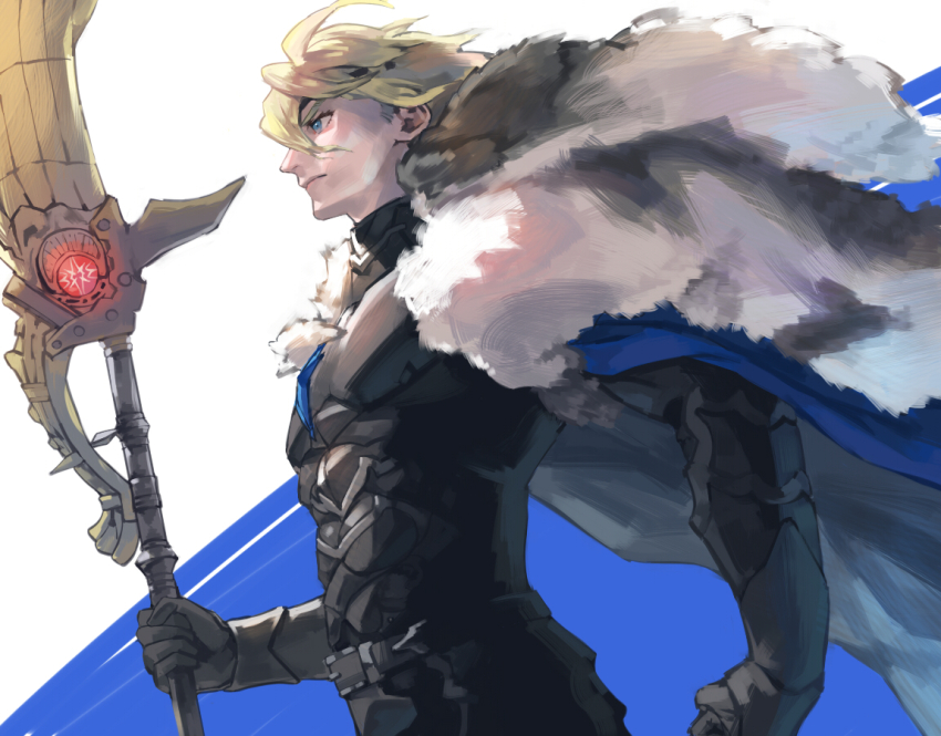 1boy areadbhar_(fire_emblem) armor belt belt_buckle black_armor black_belt black_fur blonde_hair blue_cape blue_eyes breastplate buckle cape closed_mouth commentary_request cowboy_shot crest d0o00o0b dimitri_alexandre_blaiddyd dimitri_alexandre_blaiddyd_(timeskip) eyepatch family_crest fire_emblem fire_emblem:_three_houses floating_cape gauntlets holding holding_polearm holding_weapon looking_ahead male_focus nintendo ornate_weapon polearm profile serious solo two-tone_background weapon white_fur