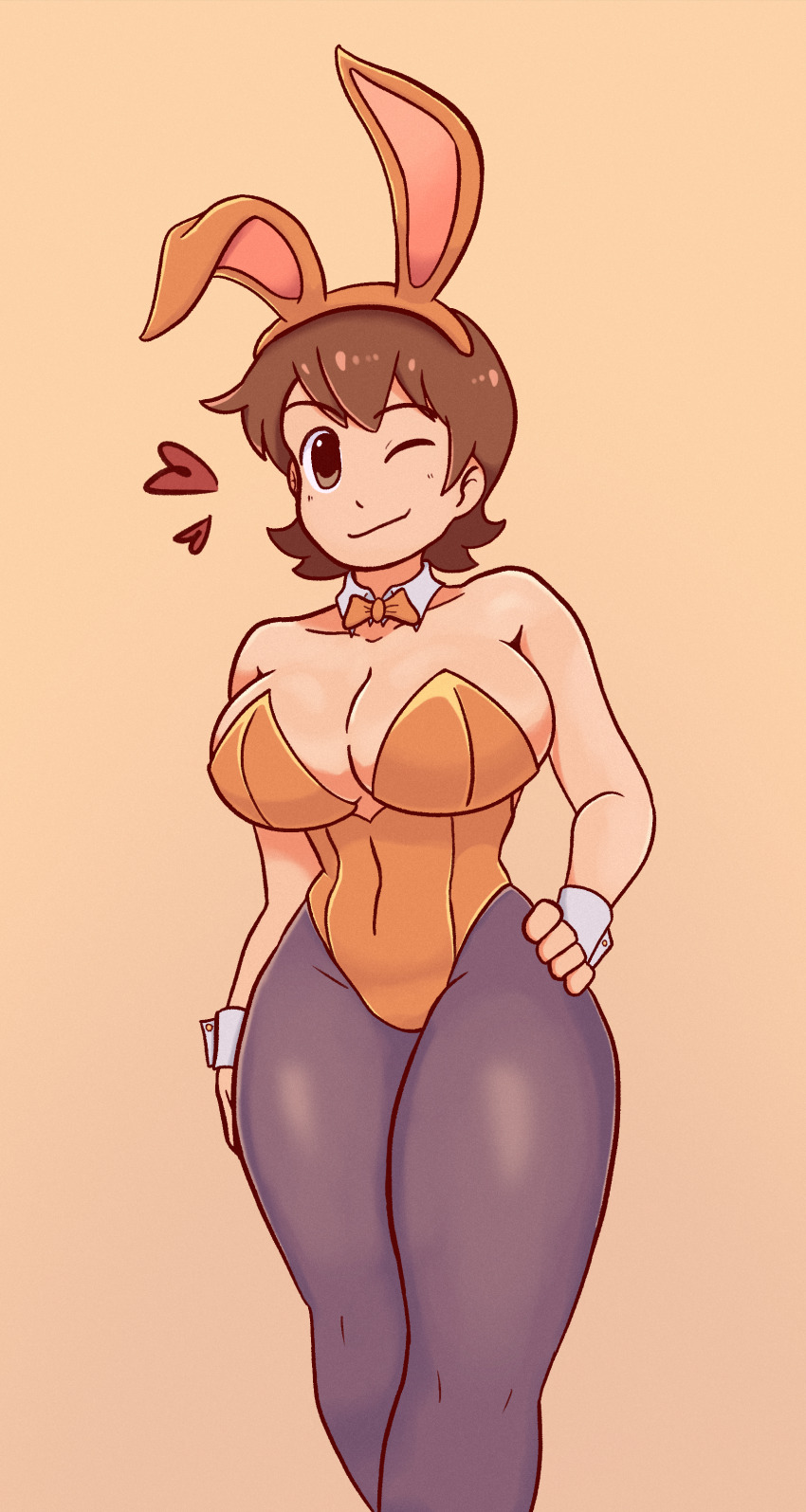 1girl absurdres aioi_yuuko bare_shoulders bow bowtie breasts brown_eyes brown_hair cleavage closed_mouth collarbone detached_collar dozo_gon hand_on_own_hip highres large_breasts leotard nichijou one_eye_closed orange_background orange_bow orange_bowtie orange_leotard pantyhose rabbit_ears simple_background smile solo strapless strapless_leotard